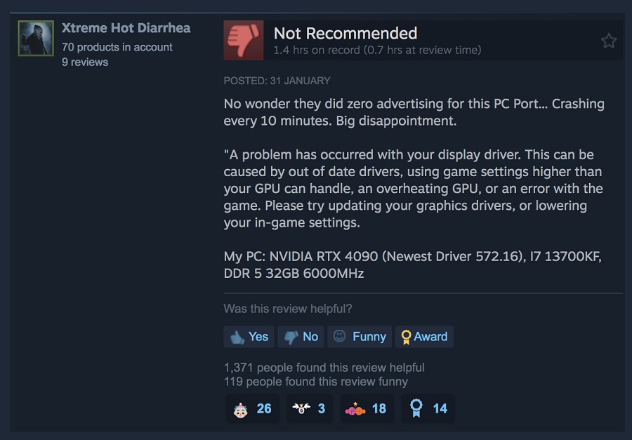Captura de usuário da Steam reclamando de bugs no port do game (1).