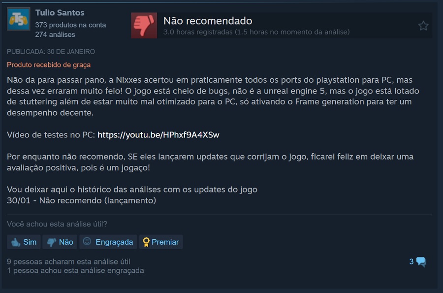 Captura de usuário da Steam reclamando de bugs no port do game (2).
