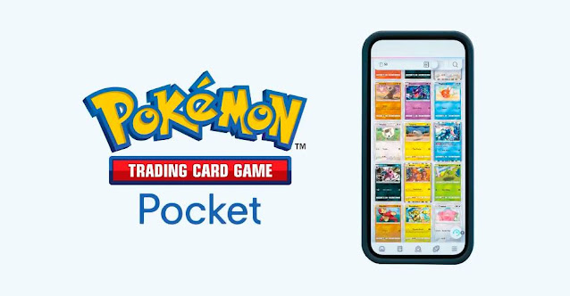 Imagem do logotipo de Pokémon TCG Pocket e de um celular rodando o jogo