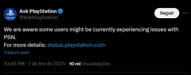 Post oficial do PlayStation alertando para queda da PSN.