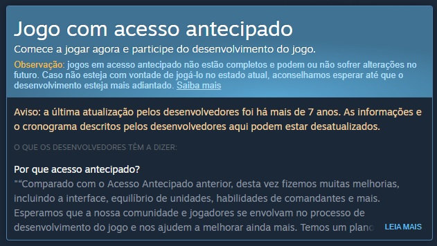 Aviso da Steam sobre acesso antecipado
