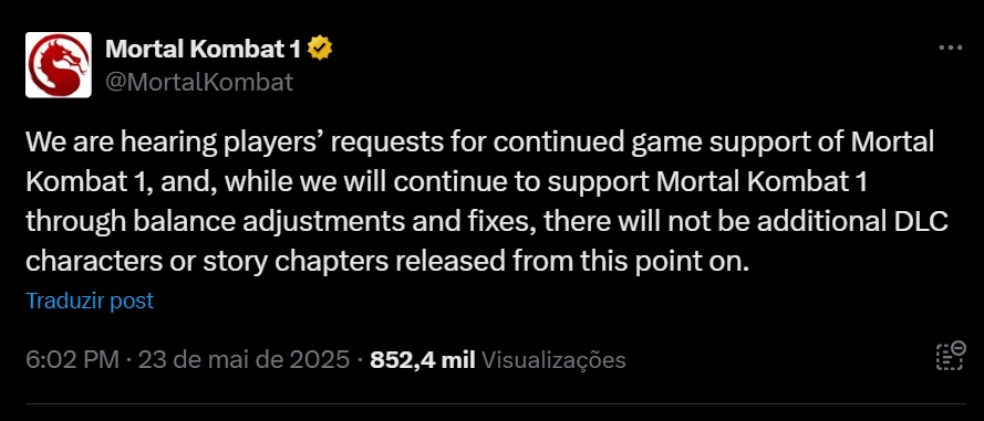 Captura de post falando do fim dos updates em Mortal Kombat 1
