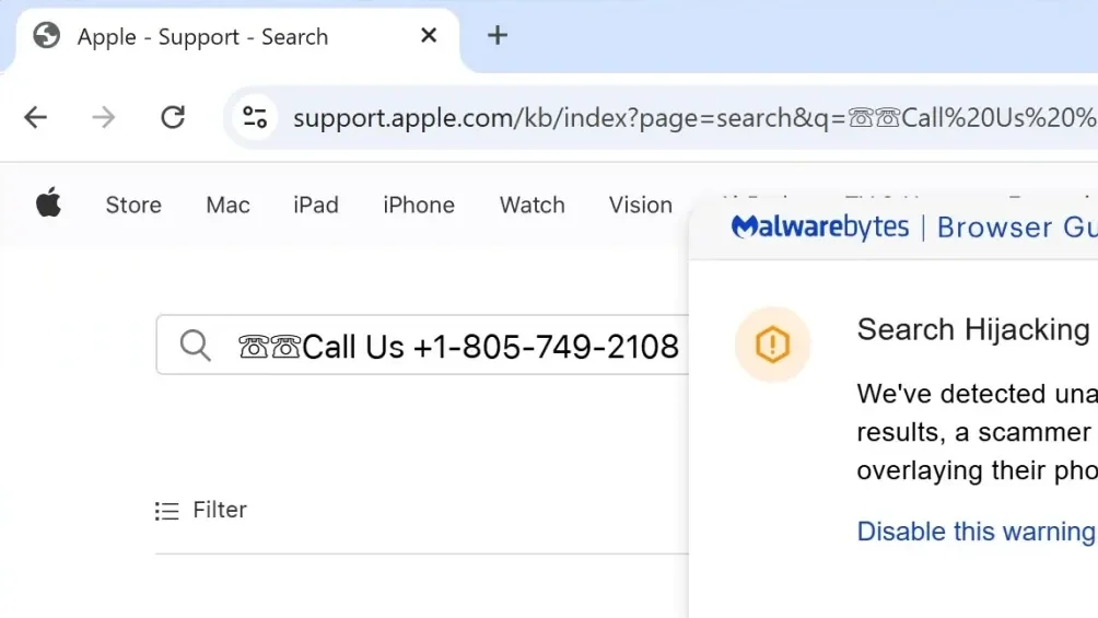 Captura de tela do site de suporte da Apple exibindo um aviso do plugin "Malwarebytes Browser Guard" no canto superior direito com a mensagem "Search Hijacking Detected". O alerta informa sobre alterações não autorizadas nos resultados de busca, sugerindo tentativa de golpe por sobreposição de número de telefone. Abaixo, aparece a mensagem "Your search returned no matches" e instruções para revisar os termos da busca. Também há uma seção com ícone de balões de fala e o texto "Get help from Apple users around the world", seguida do link "Visit Communities".