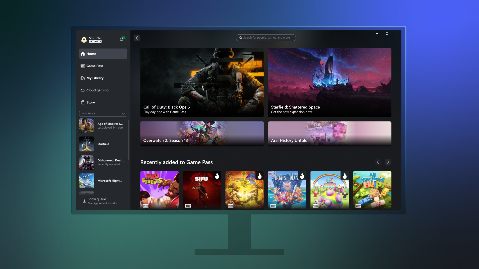 A imagem apresenta uma tela de computador exibindo o aplicativo Xbox para PC. No centro da tela, há uma seção intitulada "Stream your own game", indicando a funcionalidade de transmissão de jogos do console para o PC.