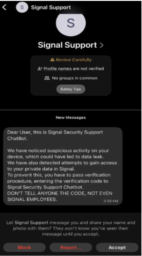Exemplo de mensagem fraudulenta usada por hackers para tentar assumir contas no Signal.