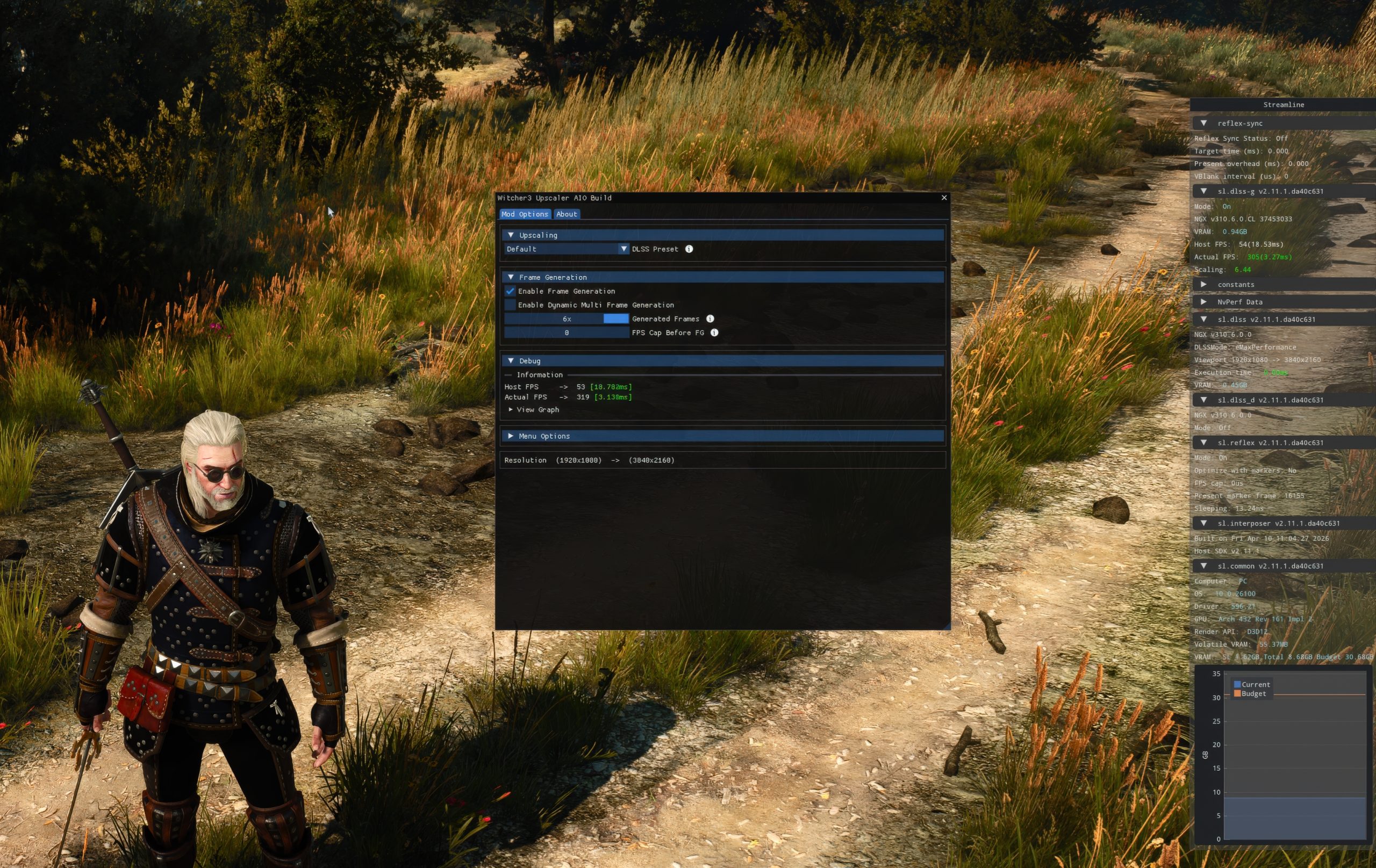 The Witcher 3 character stands in a grassy field with an overlay displaying 'DLSS Preset' and frame generation settings, highlighting a resolution change from 1920x1080 to 3840x2160.