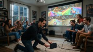 Homem conecta Switch 2 a uma tela de 120 polegadas para jogar Mario Kart com 8 pessoas ao mesmo tempo